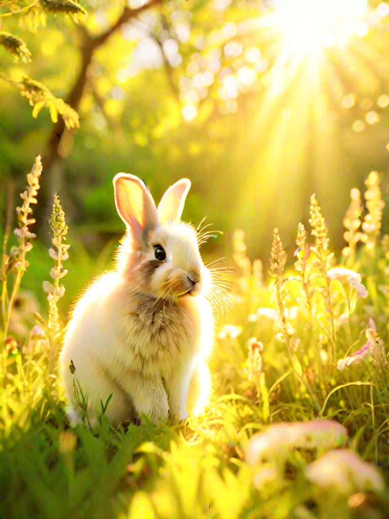 A cute bunny sitting in a lush green meadow, soft sunlight filtering through the trees, creating a warm, golden glow. The bunny is framed in the center of the image, its fluffy white fur illuminated, with a slight tilt of its head, curious eyes looking directly at the viewer. The background features vibrant wildflowers and a gentle breeze rustling the grass, capturing a peaceful, idyllic moment.