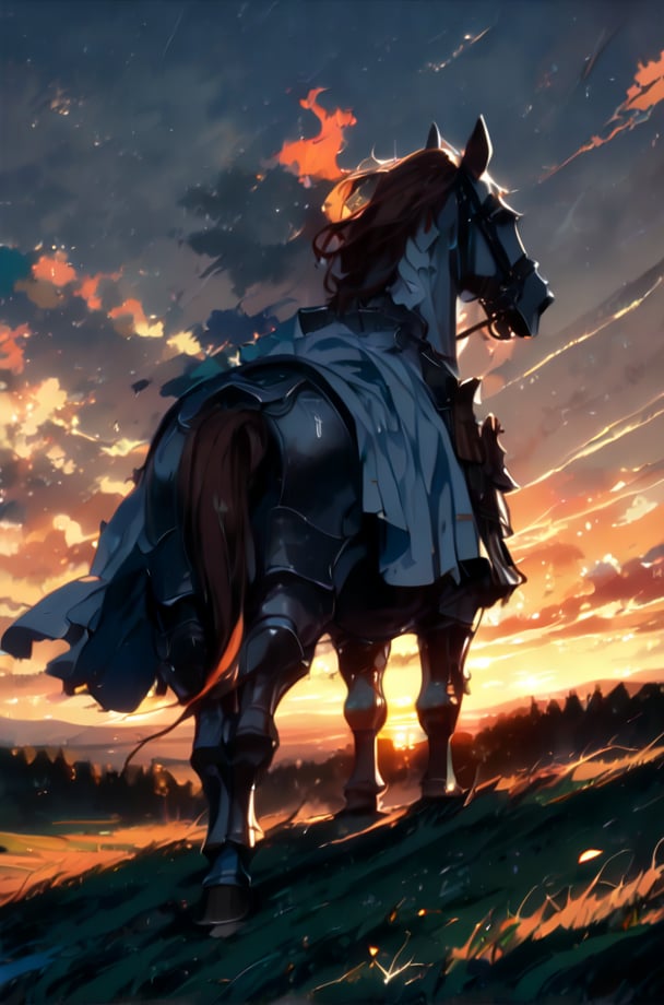 //quality, (masterpiece:1.331), (detailed), ((,best quality,)),//,(1man),royal knight,(horse_man:1.3),//,headless, ((,no head,)),(horse_ears:1.2),(horse_tail:1.2),//,(detailed white armor:1.1),heavy armored ,(white cloak),black,//, (flaming horse, riding flaming horse:1.4)//,(sunset:1.4), (horizon:1.2), forest, dirt, nature,scenery,(mid_shot:1.4),(wide_shot:1.3),(from_behind:1.2),