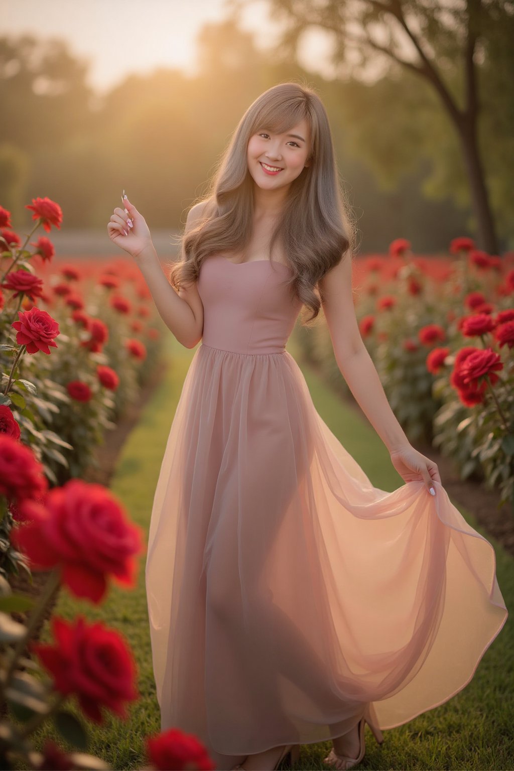 A woman in a flowing gown, gracefully dancing in a garden filled with vibrant red roses. The scene is framed mid-shot, capturing her elegant movements and the surrounding blossoms. Soft, warm sunlight filters through the petals, casting a golden glow on her face and the petals. The composition highlights her joyous expression and the rhythmic flow of her dance, surrounded by the lush, fragrant garden.