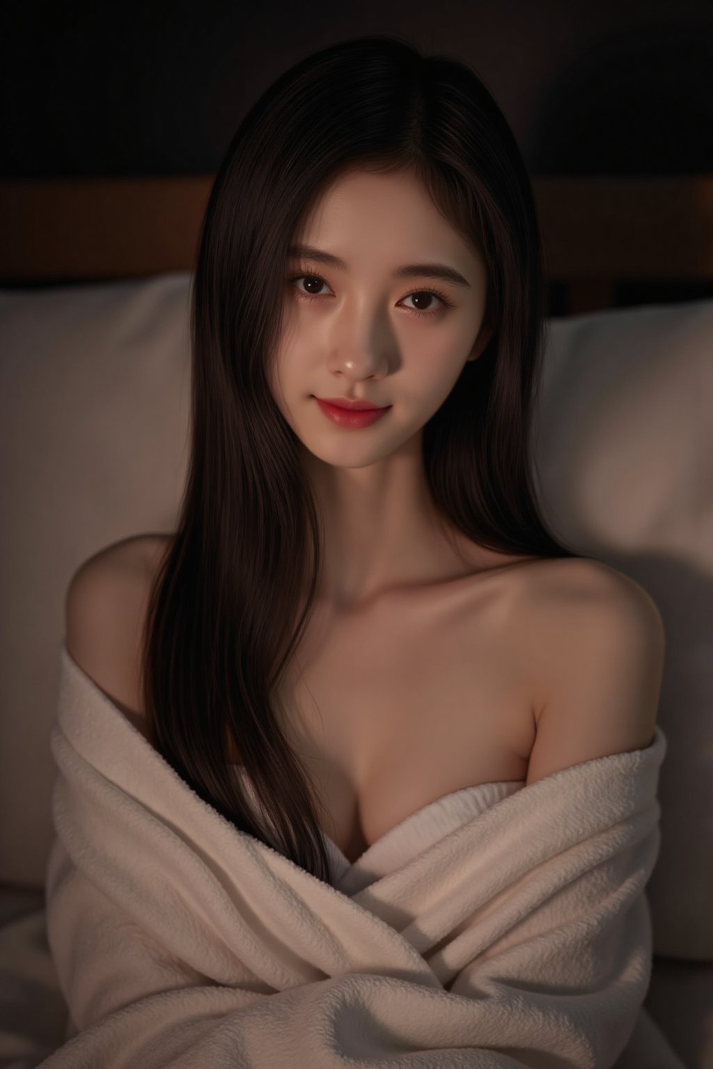 A stunning 16-year-old woman lies on her side, wrapped in a bath towel, with a pillow behind her. Her medium brown hair cascades down her back, framing her symmetrical face. Her eyes sparkle as she smiles sweetly, lips closed. Her gaze is fixed on the camera, inviting intimacy. The slightly dark theme creates a cinematic atmosphere, with highly detailed rendering of her body, facial features, and hair. The bath towel's texture is meticulously portrayed, as are the folds in her skin.