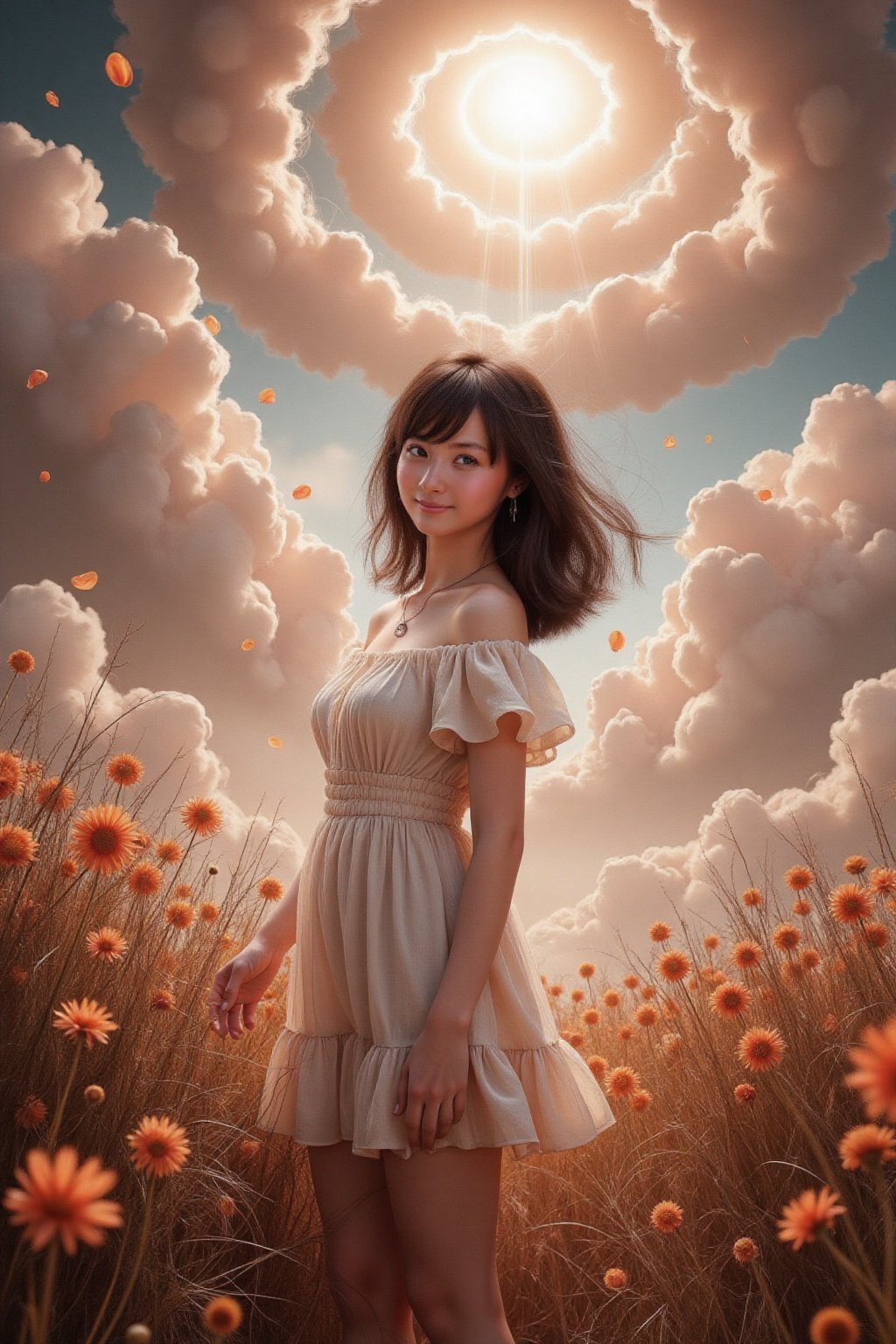 This is a highly detailed digital close-up and tilt shot artwork in a bright fantasy style, intricate tetradic colors in every details, a beautiful 22 years old Chinese girl, looking at viewer, head tilt, leaning forward, A lone girl with wavy black hair, wearing white dress, stands in windy flower field with grass, sun glare, heavenly cloudy sky, (clouds spiral:0.8), a macabre tapestry of clouds reaching towards viewer, falling petals, light cascading from an unseen aperture above. A low camera angle emphasizes the girl's with the overwhelming warm vibes.