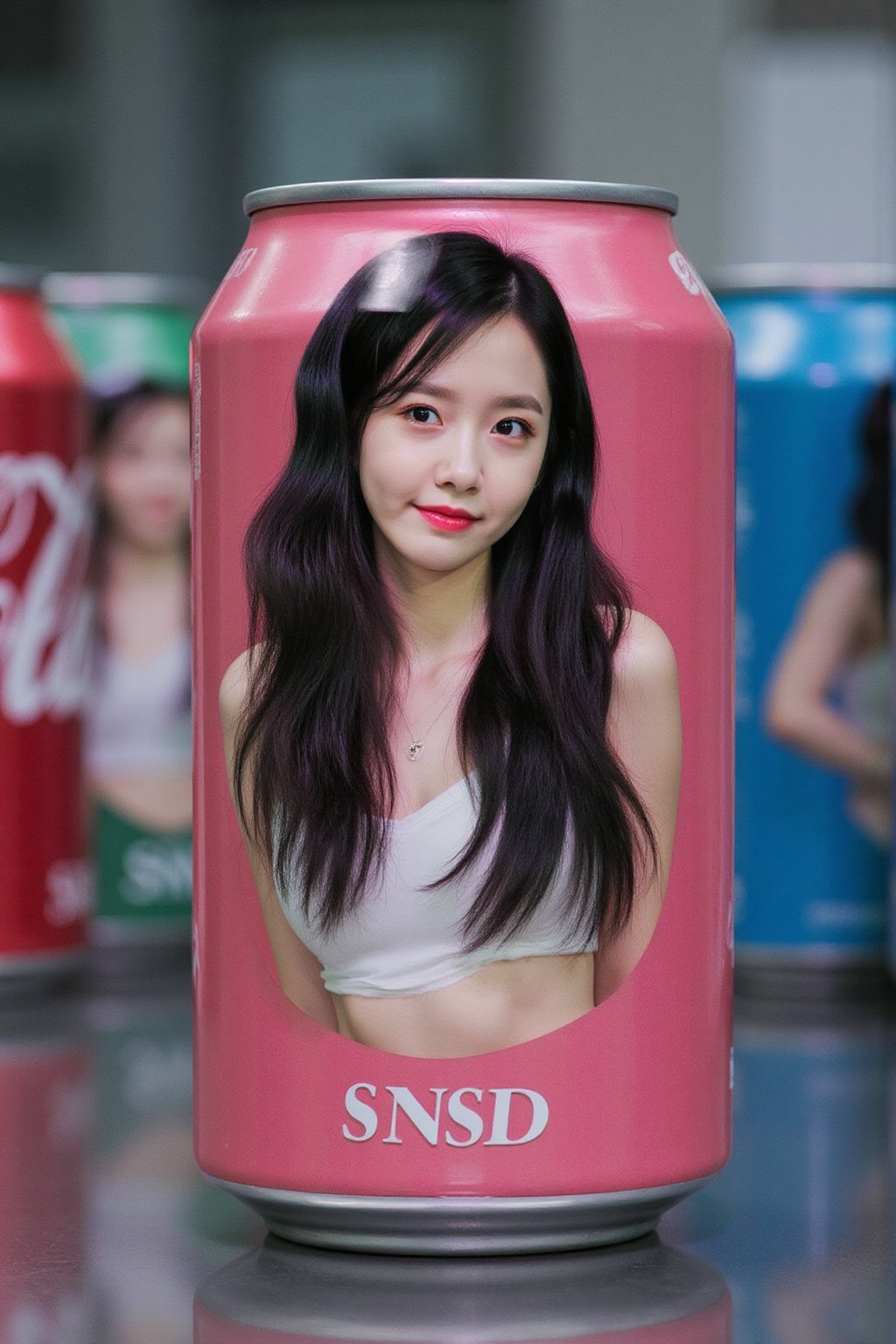 A realistic photo of a soda can with a hyper-realistic 1 girl 20 year old into the soda can. The entire design is embossed. The soda can has a label with the text SNSD. The blurred background is a factory setting with other soda cans. The ultra detailed artwork is ultra high quality and is detailed in macro.