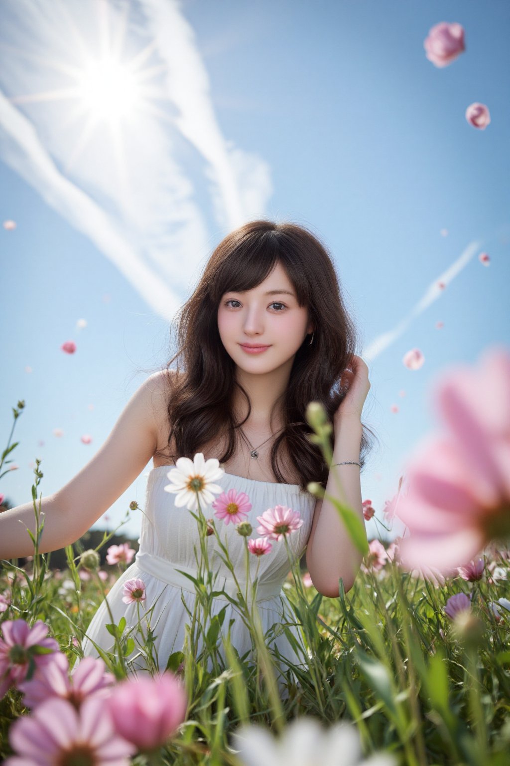 This is a highly detailed digital close-up and tilt shot artwork in a bright fantasy style, intricate tetradic colors in every details, a beautiful 22 years old Chinese girl, looking at viewer, head tilt, leaning forward, A lone girl with wavy black hair, wearing white dress, stands in windy flower field with grass, sun glare, heavenly cloudy sky, (clouds spiral:0.8), a macabre tapestry of clouds reaching towards viewer, falling petals, light cascading from an unseen aperture above. A low camera angle emphasizes the girl's with the overwhelming warm vibes.