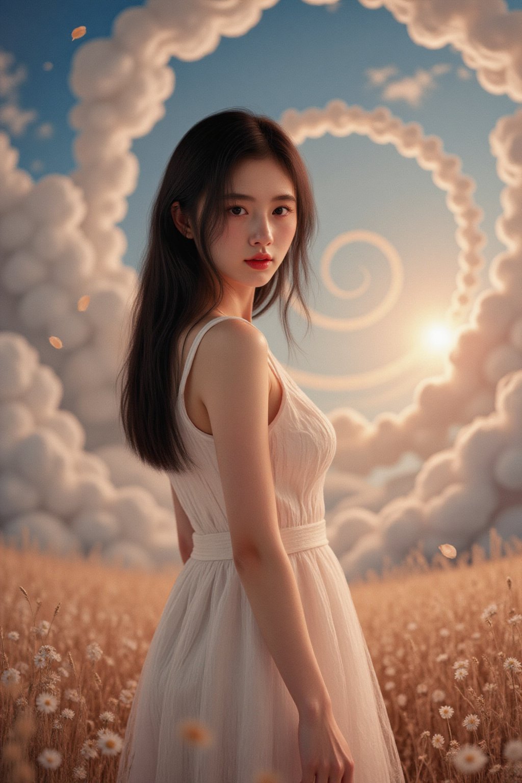 This is a highly detailed digital close-up and tilt shot artwork in a bright fantasy style, intricate tetradic colors in every details, a beautiful 22 years old Chinese girl, looking at viewer, head tilt, leaning forward, A lone girl with wavy black hair, wearing white dress, stands in windy flower field with grass, sun glare, heavenly cloudy sky, (clouds spiral:0.8), a macabre tapestry of clouds reaching towards viewer, falling petals, light cascading from an unseen aperture above. A low camera angle emphasizes the girl's with the overwhelming warm vibes.