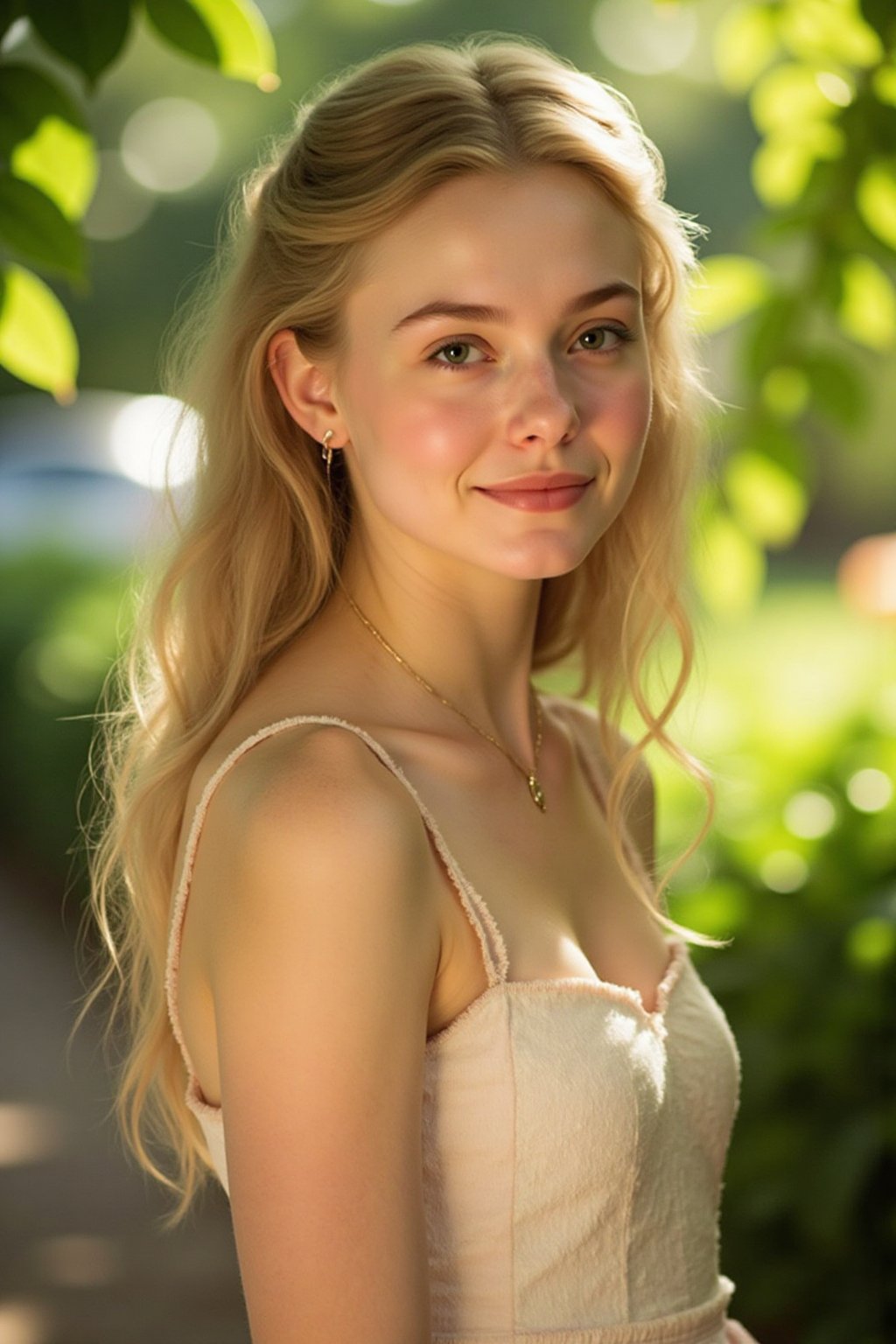 A beauty girl stands outdoors, her gaze directly addressing the viewer as she tilts her head slightly to one side. Soft sunlight casts a warm glow on her delicate features, with gentle shadows accentuating the curves of her smile. A lush greenery backdrop frames her slender figure, with the vibrant colors of nature subtly blending into the atmosphere.