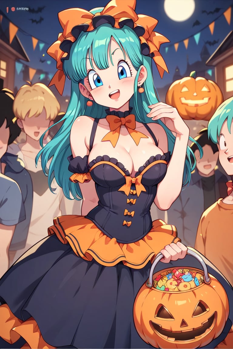 score_9, score_8_up, score_8, Dragon Ball, Bulma, wearing Lolita Outfit, Halloween party, 1girl, faceless crowd, sexy, sensual, evening, halloween decor