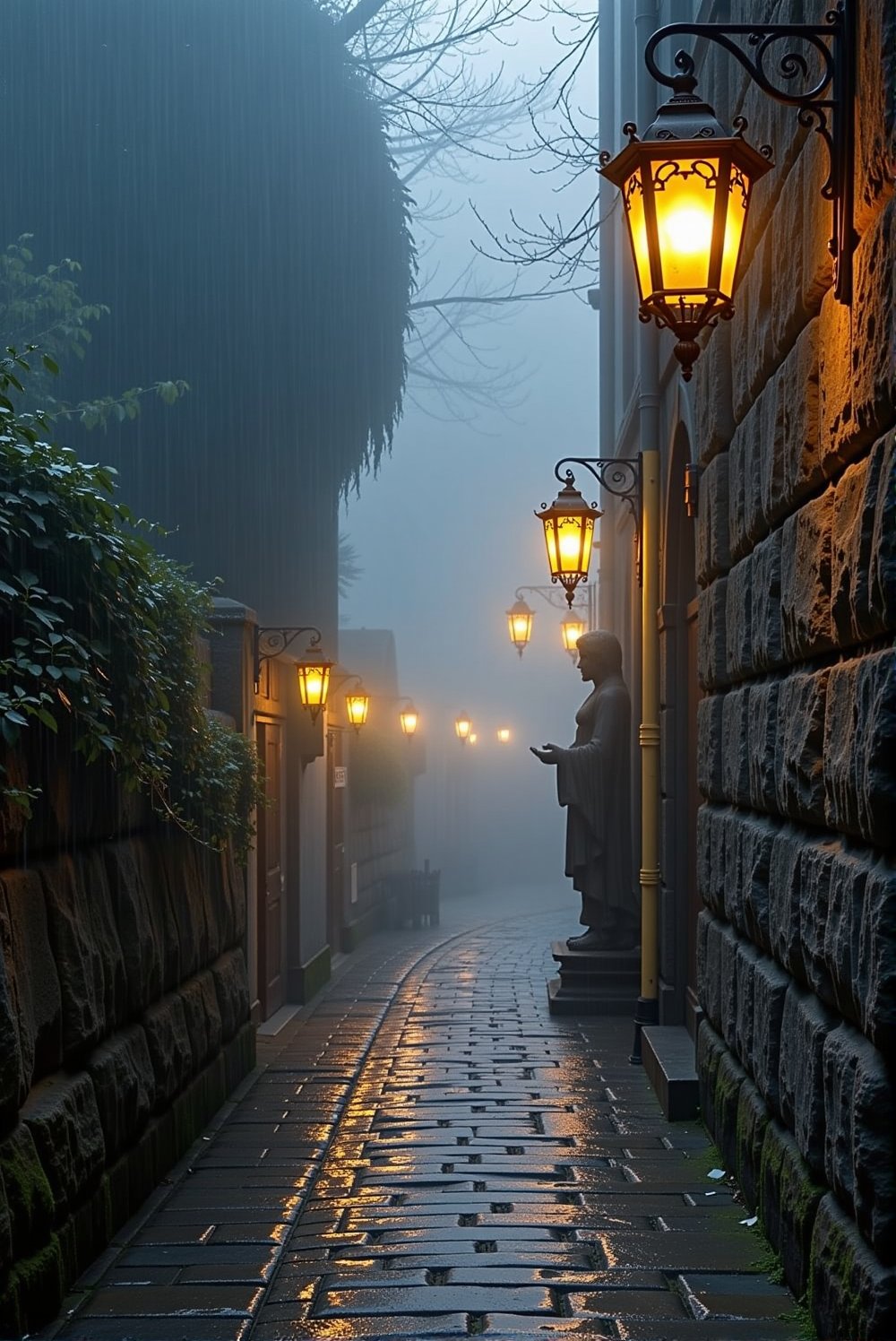 Fog Alley with Gothic lanterns is a narrow paved path with lanterns made in the Gothic style, illuminating the fog and ancient statues. Light rain glistens on the rocks