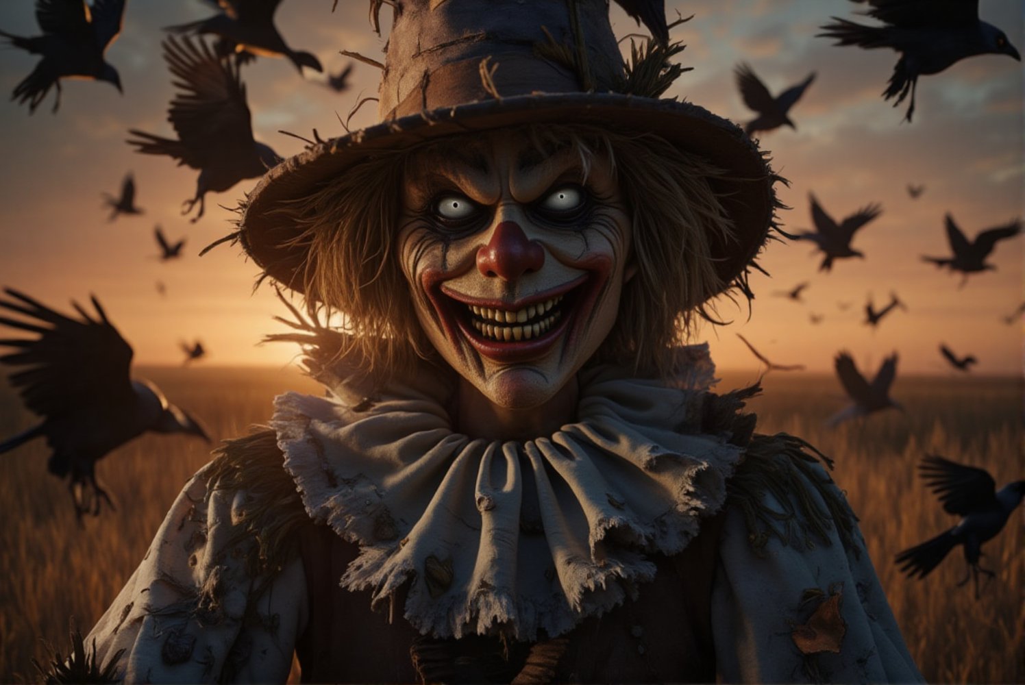 Dramatic close-up view from head to hip of a scarecrow resembling a realistic human figure, dressed in tattered clown jester clothing and wearing a worn, oversized straw hat. The hat casts deep shadows over the scarecrow’s unsettling grin and hollow eyes, adding to its eerie presence. The patched, weathered jester clothing flutters in the wind as crows and ravens circle ominously above. The scene is composed with phi ratio for perfect perspective, captured with a wide-angle lens. The lighting is dark and foreboding from the ominous sunset, casting harsh shadows across the scarecrow's face, highlighting the folds of its jester costume. The horror atmosphere is palpable, with the environment feeling eerie and desolate. The image follows WPA photo aesthetics. Post-processing includes oversharpening, expert dodge and burn, ISO 400 color film grain, and a dark vignette around the corners to intensify the horror and tension