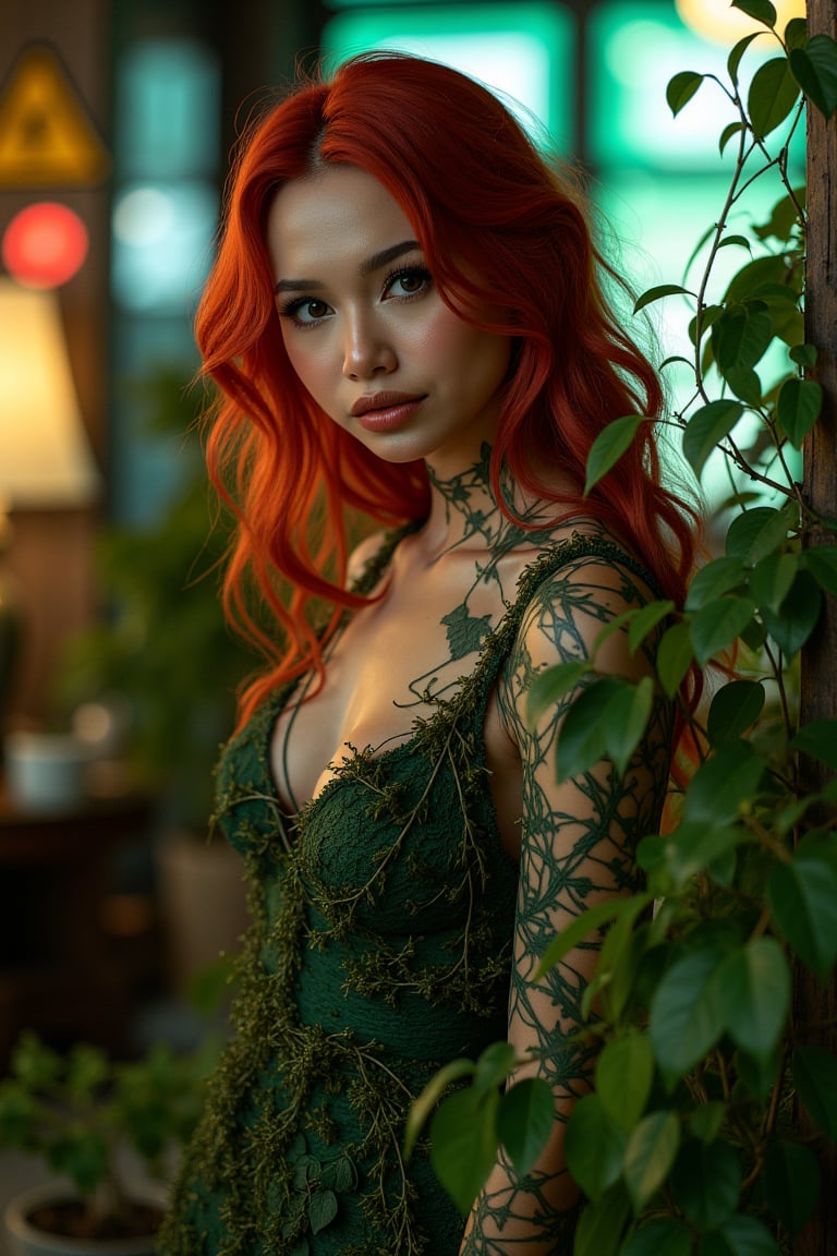 Beautiful woman resembling Poison Ivy behind high-end. Wearing revealing dress made of living plants, vines, and leaves. Long, flowing red hair with green highlights. Pale green skin. sensual movements. Provocative gaze directly at viewer. Background: luxurious of a dystopian landscape, stands defiantly amidst the ruins of shattered holographic billboards and warning symbols, their vibrant colors bleeding into the gritty, glitchy neon backdrop. The stark contrast between her polished attire and the ravaged environment, dim warm lighting. Bonsai trees, ikebana arrangements visible. Ivy tendrils creeping along. Photorealistic style with fantasy elements. Close up, Sharp focus on Ivy, slight blur on background. Color palette: rich greens, wood tones, pops of red and white. Soft, warm lighting emphasizing curves and creating mysterious atmosphere.