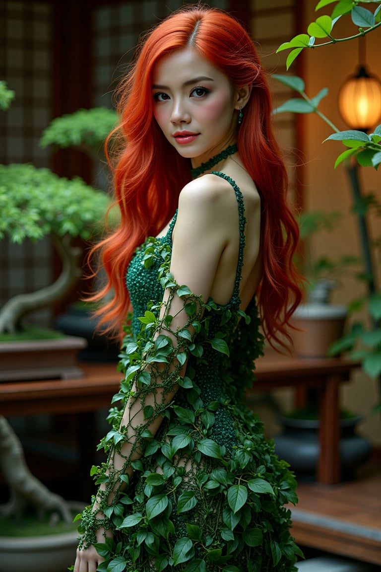 Beautiful woman resembling Poison Ivy behind high-end. Wearing revealing dress made of living plants, vines, and leaves. Long, flowing red hair with green highlights. Pale green skin. sensual movements. Provocative gaze directly at viewer. Background: luxurious Japanese outdoor, dim warm lighting. Bonsai trees, ikebana arrangements visible. Ivy tendrils creeping along. Photorealistic style with fantasy elements. Sharp focus on Ivy, slight blur on background. Color palette: rich greens, wood tones, pops of red and white. Soft, warm lighting emphasizing curves and creating mysterious atmosphere.