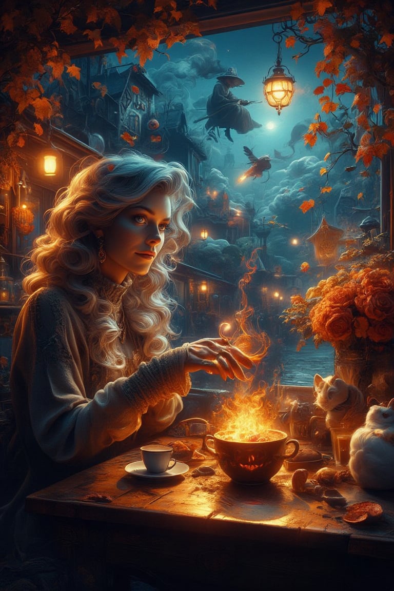 Golden hour's warm light casts a cozy ambiance within the whimsical cafe, where the lovely lady with long unravelling soft ash grey hair and deep blue eyes sits amidst a hauntingly beautiful Halloween twilight scene. Her gaze drifts out to swirling autumn leaves and twinkling lights on the antique-style street, as a witch on a broomstick above casts an otherworldly glow. The wooden table's warm reflection radiates from her cozy turtleneck pullover, while a fluffy white cat purrs beside her, basking in the magic.