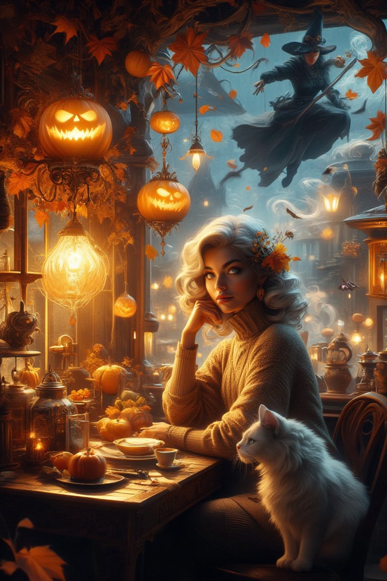 In a warm, golden-lit cafe, a lovely lady with soft, ash grey hair and deep blue eyes sits at a wooden table, surrounded by the whimsical atmosphere of a magical Halloween twilight. She wears a cozy turtleneck pullover as she gazes out the window, where swirling autumn leaves and twinkling lights on the antique-style street create a sense of enchantment. A fluffy white cat purrs beside her, sharing in the magic. Above, a witch on a broomstick soars, casting an otherworldly glow that highlights the intricate decorations and the girl's serene expression, capturing a moment of pure sweetness and wonder.