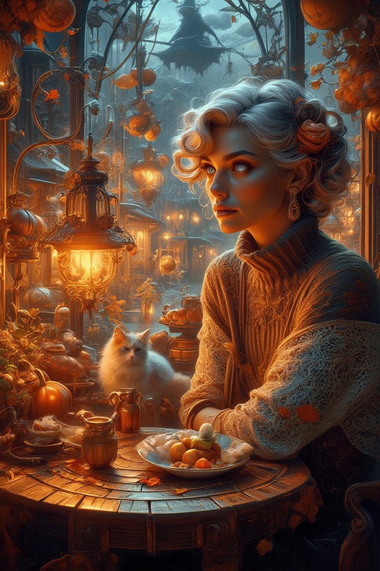 Golden hour illuminates the cozy cafe, where a lovely lady with soft ash grey hair and deep blue eyes sits amidst a whimsical Halloween twilight atmosphere. The wooden table's warm glow is reflected in her cozy turtleneck pullover as she gazes out at swirling autumn leaves and twinkling lights on the antique- style street, bathed in an otherworldly glow from a witch on a broomstick above. A fluffy white cat purrs beside her, sharing in the magic, as the intricate decorations and her serene expression capture a moment of pure sweetness and wonder.