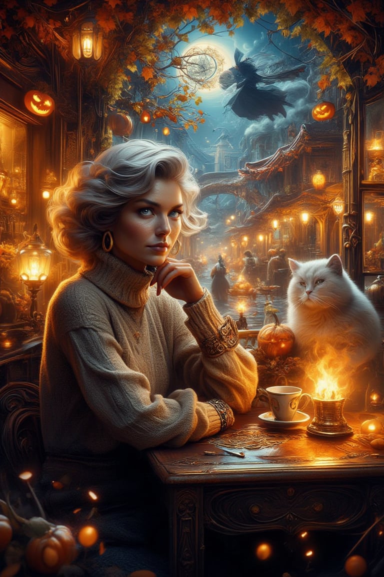 Golden hour illuminates the cozy cafe, where a lovely lady with soft ash grey hair and deep blue eyes sits amidst a whimsical Halloween twilight atmosphere. The wooden table's warm glow is reflected in her cozy turtleneck pullover as she gazes out at swirling autumn leaves and twinkling lights on the antique- style street, bathed in an otherworldly glow from a witch on a broomstick above. A fluffy white cat purrs beside her, sharing in the magic, as the intricate decorations and her serene expression capture a moment of pure sweetness and wonder.