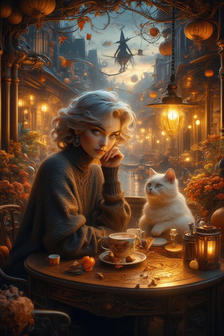 Golden hour illuminates the cozy cafe, where a lovely lady with soft ash grey hair and deep blue eyes sits amidst a whimsical Halloween twilight atmosphere. The wooden table's warm glow is reflected in her cozy turtleneck pullover as she gazes out at swirling autumn leaves and twinkling lights on the antique- style street, bathed in an otherworldly glow from a witch on a broomstick above. A fluffy white cat purrs beside her, sharing in the magic, as the intricate decorations and her serene expression capture a moment of pure sweetness and wonder.