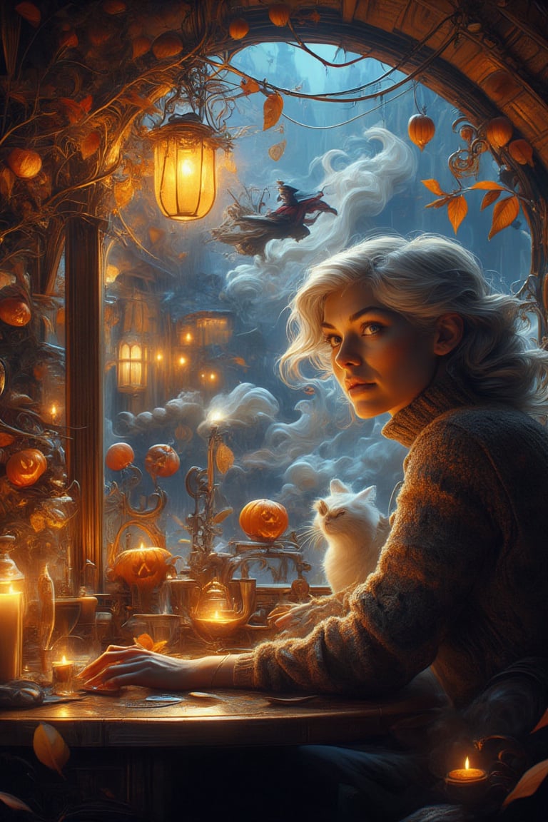 In a warm, golden-lit cafe, a lovely lady with soft, ash grey hair and deep blue eyes sits at a wooden table, surrounded by the whimsical atmosphere of a magical Halloween twilight. She wears a cozy turtleneck pullover as she gazes out the window, where swirling autumn leaves and twinkling lights on the antique-style street create a sense of enchantment. A fluffy white cat purrs beside her, sharing in the magic. Above, a witch on a broomstick soars, casting an otherworldly glow that highlights the intricate decorations and the girl's serene expression, capturing a moment of pure sweetness and wonder.