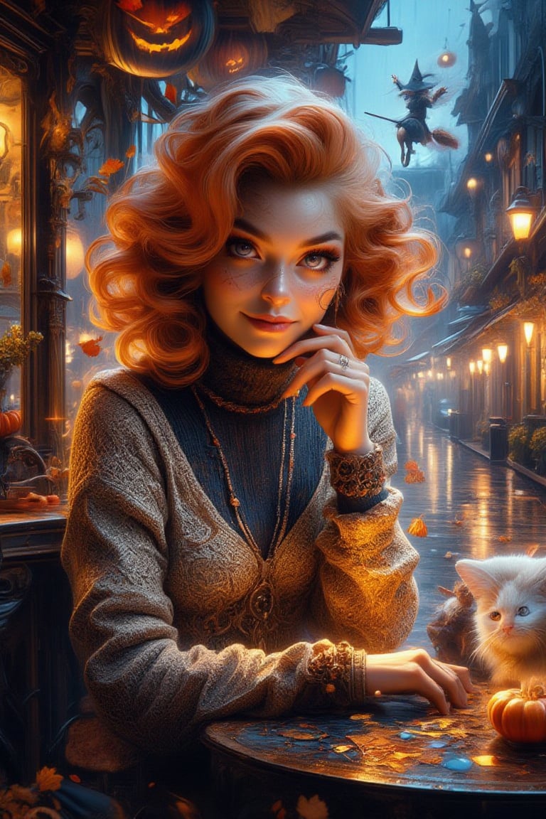 From the street, we see a beautiful girl (in a turtleneck pullover) In this magically sweet portrait, a cute young girl with soft, wavy reddish hair, deep blue eyes, smiles gently, sitting at a table in a cafe, her gaze directed at the rainy street outside, fluffy white cat sitting with her . Colorful autumn leaves swirl in the wind, and the street is glowing with magical Halloween twilight lights. The antique-style street is decked out in spooky Halloween decorations, adding an eerie yet festive vibe to the scene. The girl’s stillness contrasts with the enchanting, lively magical Halloween atmosphere outside. The portrait radiates innocence and warmth, capturing a moment of pure sweetness. fantasy, magical, neat illustration, UHD. Modifiers:Pino Daeni etheral otherwordliness LEONARDO DIFFUSION XL STYLE, crisp quality,, A witch on a broomstick flies gracefully above the street.
