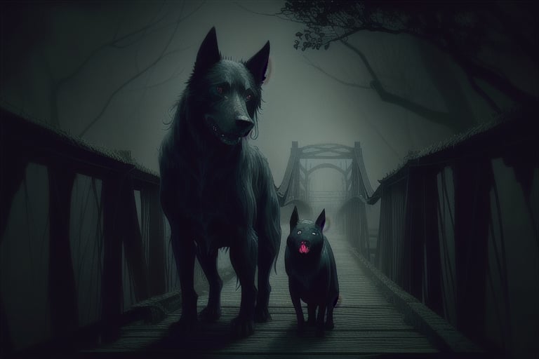 Beneath a starless sky, a haunting scene unfolds on a decrepit wooden bridge stretching over dark waters, faintly illuminated by distant stars. A woman in a tattered white dress stands eerily still on the bridge, her pale green skin marred by dark, ominous stains. Her twisted grin reveals long claw-like fingers raised high, creating a foreboding presence.

Beside her prowls a large black dog with glowing red eyes, its coarse fur bristling in the wind. The dog’s sharp teeth glint menacingly, and a low growl rumbles from its throat, amplifying the unease that envelops the scene. Surrounding them, a dense banana grove rustles softly, as if alive with whispers, enhancing the feeling of being watched from the shadows.

Above, bats dart through the smoky air, their silhouettes flickering against the starry backdrop. Wisps of mist swirl over the bridge, blurring the lines of reality and creating a surreal ambiance. The creaking wood of the bridge underfoot adds to the unsettling atmosphere, each sound echoing in the oppressive silence of the night.

Together, the woman and the dog stand as a terrifying pair, evoking an overwhelming sense of dread in the stillness. The entire scene is drenched in fear, a perfect harmony of horror that leaves an indelible mark on the imagination.