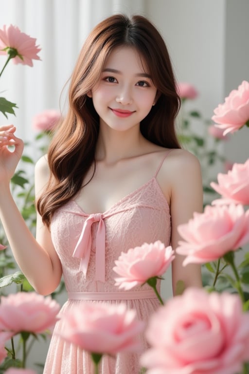 A beautiful Asian woman with fair skin and long dark brown hair,  wearing a pink lace dress with a bow tie in front. She i...
