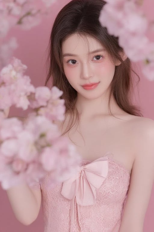 A beautiful Asian woman with fair skin and long dark brown hair,  wearing a pink lace dress with a bow tie in front. She i...