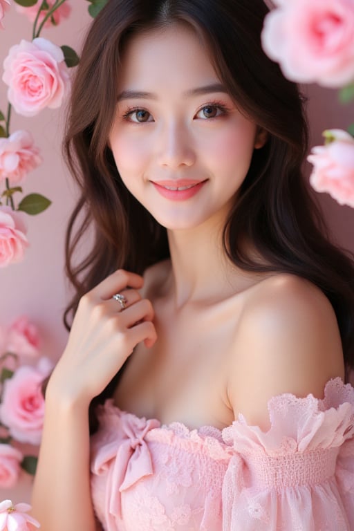 A beautiful Asian woman with fair skin and long dark brown hair,  wearing a pink lace dress with a bow tie in front. She i...