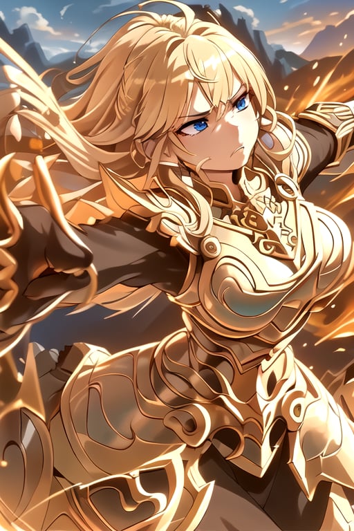 A fierce female warrior with flowing blonde hair, her face filled with determination and intensity. She raises her golden sword, pointing it forward, as if commanding her troops or challenging the enemy. Her intricately detailed golden armor and shield gleam in the bright sunlight, with complex and ornate designs that catch the light. The wind gently sweeps through the vast grassy field, causing the tall grass to sway. In the distance, a massive castle stands as a silent witness to the battle that is about to unfold. The sky is clear and blue, adding a sense of calm before the impending storm of war, while her focused eyes blaze with courage and a readiness for the fight.