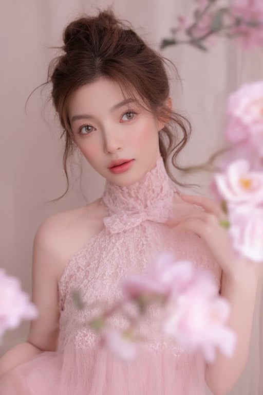 A beautiful Asian woman with fair skin and long dark brown hair,  wearing a pink lace dress with a bow tie in front. She i...
