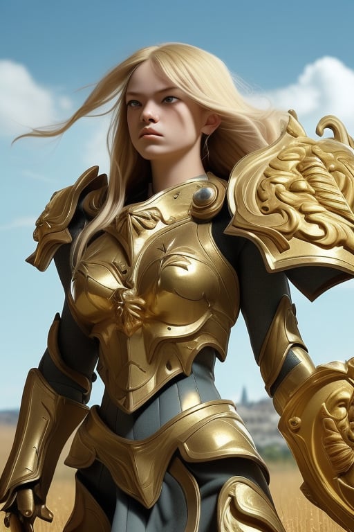 A fierce female warrior with flowing blonde hair, her face filled with determination and intensity. She raises her golden sword, pointing it forward, as if commanding her troops or challenging the enemy. Her intricately detailed golden armor and shield gleam in the bright sunlight, with complex and ornate designs that catch the light. The wind gently sweeps through the vast grassy field, causing the tall grass to sway. In the distance, a massive castle stands as a silent witness to the battle that is about to unfold. The sky is clear and blue, adding a sense of calm before the impending storm of war, while her focused eyes blaze with courage and a readiness for the fight.