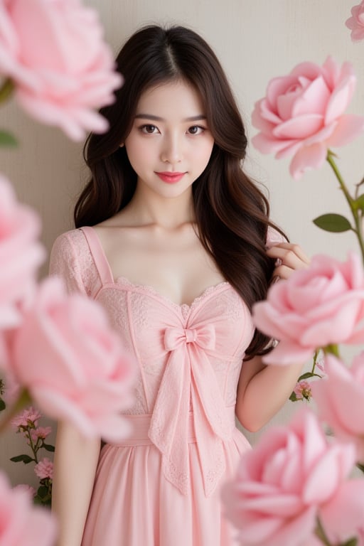 A beautiful Asian woman with fair skin and long dark brown hair,  wearing a pink lace dress with a bow tie in front. She i...
