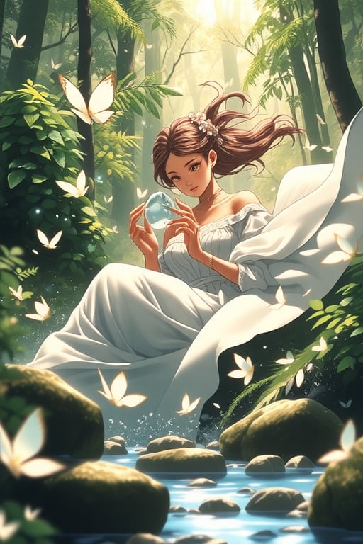 Amidst the clear stream in the lush woods,  A maiden sits gracefully,  adorned in elegant attire. Her silken fabric draped...