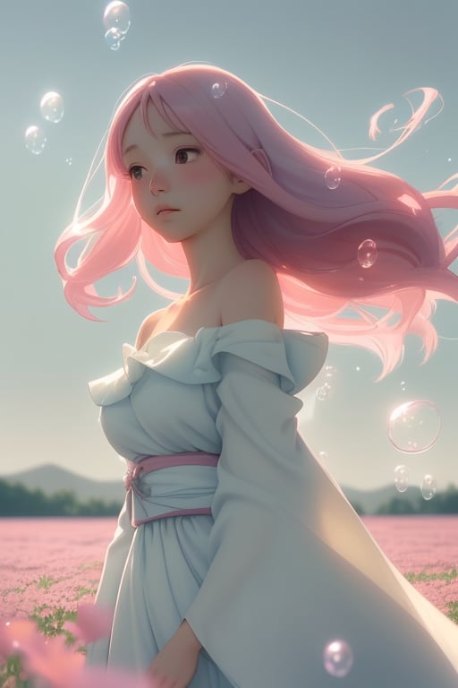 A soft, dream-like close up shot  of a young Japanese woman,
surrounded by vibrant and colorful air bubble flutter around ,
with air bubble flow around , 
a young woman standing in a field of pink flowers.   air bubble , 
She is wearing a white off-the-shoulder dress and has long dark hair
. The sky is blue with white clouds scattered across it.   air bubble In the background,

The background is softly blurred,
creating a bokeh effect,  air bubble

with sunlight gently illuminating the scene.
focus on upper body,
The overall mood of the image is peaceful and serene. 

blurry foreg  closeup  shot , 

Mood: Moving, windy, gentle and surreal, with an emphasis on natural beauty and a dreamlike atmosphere.