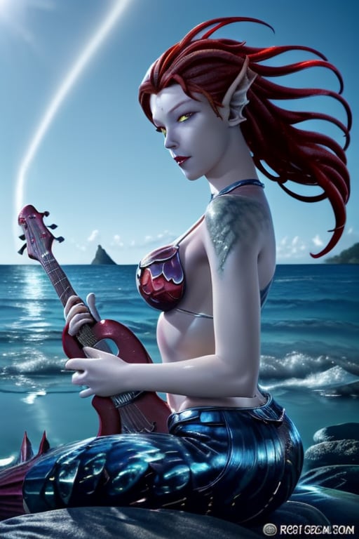 This is an image of a red-haired mermaid playing a heavy metal guitar on a rock in the middle of the sea, surrounded by a bright sky and reflections from the ocean. The picture radiates energy and perfectly matches the heavy metal vibe!