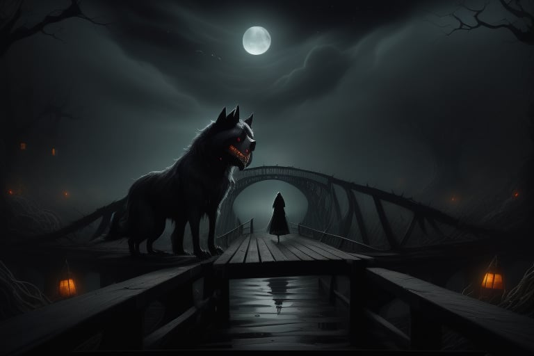 Beneath a starless sky, a haunting scene unfolds on a decrepit wooden bridge stretching over dark waters, faintly illuminated by distant stars. A woman in a tattered white dress stands eerily still on the bridge, her pale green skin marred by dark, ominous stains. Her twisted grin reveals long claw-like fingers raised high, creating a foreboding presence.

Beside her prowls a large black dog with glowing red eyes, its coarse fur bristling in the wind. The dog’s sharp teeth glint menacingly, and a low growl rumbles from its throat, amplifying the unease that envelops the scene. Surrounding them, a dense banana grove rustles softly, as if alive with whispers, enhancing the feeling of being watched from the shadows.

Above, bats dart through the smoky air, their silhouettes flickering against the starry backdrop. Wisps of mist swirl over the bridge, blurring the lines of reality and creating a surreal ambiance. The creaking wood of the bridge underfoot adds to the unsettling atmosphere, each sound echoing in the oppressive silence of the night.

Together, the woman and the dog stand as a terrifying pair, evoking an overwhelming sense of dread in the stillness. The entire scene is drenched in fear, a perfect harmony of horror that leaves an indelible mark on the imagination.