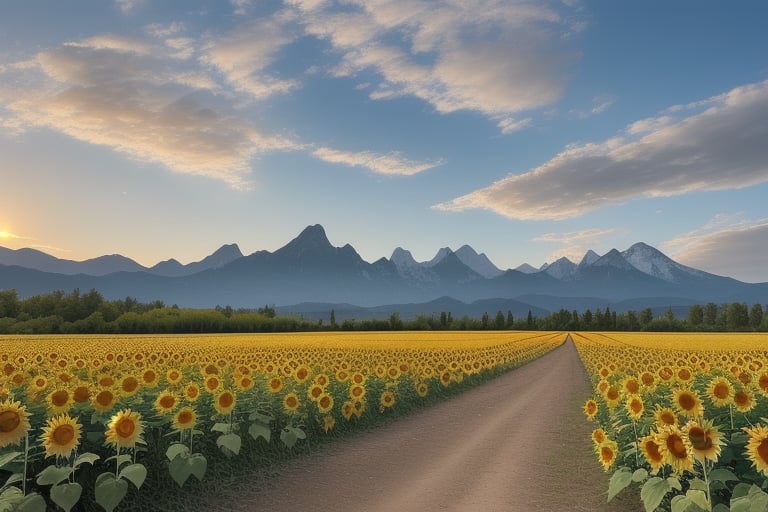 A vibrant sunflower field stretches out under a wide, blue sky filled with wispy clouds. The sun, setting low on the horizon, casts a warm glow over the field, creating soft shadows among the sunflowers. A dirt path runs straight through the middle of the field, leading the viewer's eye towards a range of dramatic mountains in the distance. Tall trees frame the scene, and the whole setting feels serene and peaceful, with a natural balance between the bright flowers in the foreground and the towering mountains in the background.