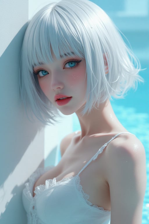 A hyper-realistic of a curvaceous and busty short haired woman with icy white hair with long bangs,  hair over one eye,  a...