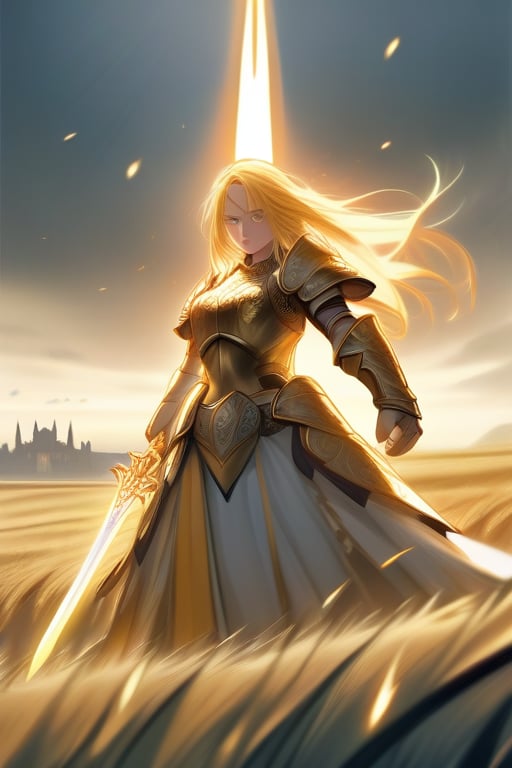 A fierce female warrior with flowing blonde hair, her face filled with determination and intensity. She raises her golden sword, pointing it forward, as if commanding her troops or challenging the enemy. Her intricately detailed golden armor and shield gleam in the bright sunlight, with complex and ornate designs that catch the light. The wind gently sweeps through the vast grassy field, causing the tall grass to sway. In the distance, a massive castle stands as a silent witness to the battle that is about to unfold. The sky is clear and blue, adding a sense of calm before the impending storm of war, while her focused eyes blaze with courage and a readiness for the fight.