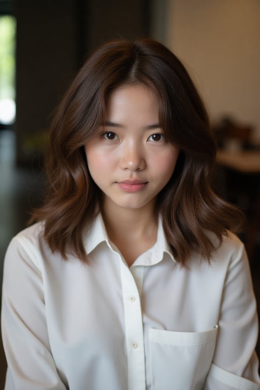 portrait young Thai woman with shoulder-length brown hair. She is wearing a white blouse with a collar and long sleeves. Her hair is styled in loose waves and falls over her shoulders. She has a serious expression on her face and is looking directly at the camera. The background is blurred, but it appears to be a room with a window and some chairs. The overall mood of the image is calm and contemplative.