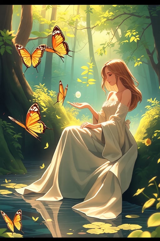 Amidst the clear stream in the lush woods,  A maiden sits gracefully,  adorned in elegant attire. Her silken fabric draped...