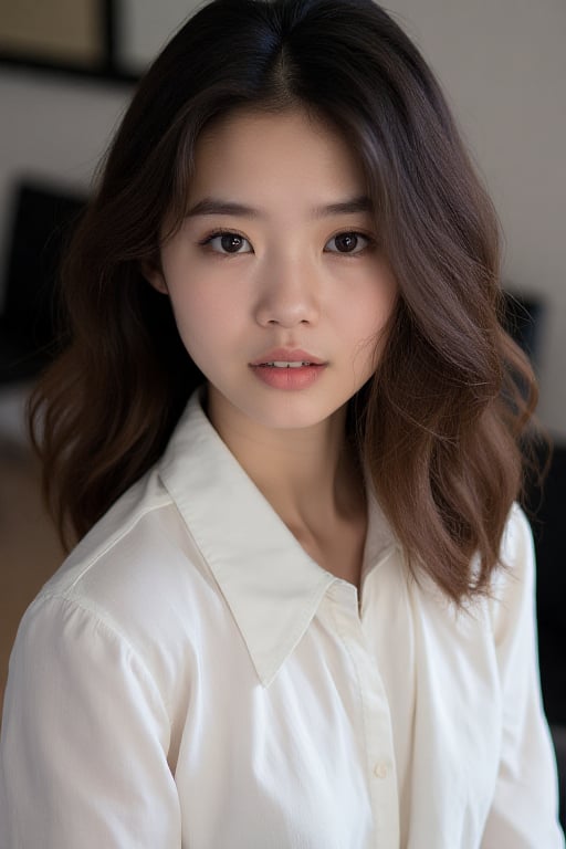 portrait young Thai woman with shoulder-length brown hair. She is wearing a white blouse with a collar and long sleeves. Her hair is styled in loose waves and falls over her shoulders. She has a serious expression on her face and is looking directly at the camera. The background is blurred, but it appears to be a room with a window and some chairs. The overall mood of the image is calm and contemplative.