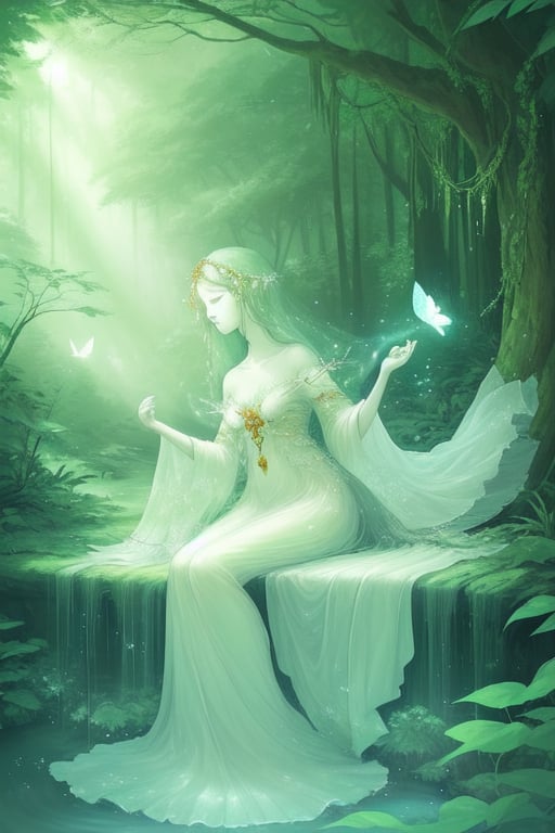 Amidst the clear stream in the lush woods,  A maiden sits gracefully,  adorned in elegant attire. Her silken fabric draped...
