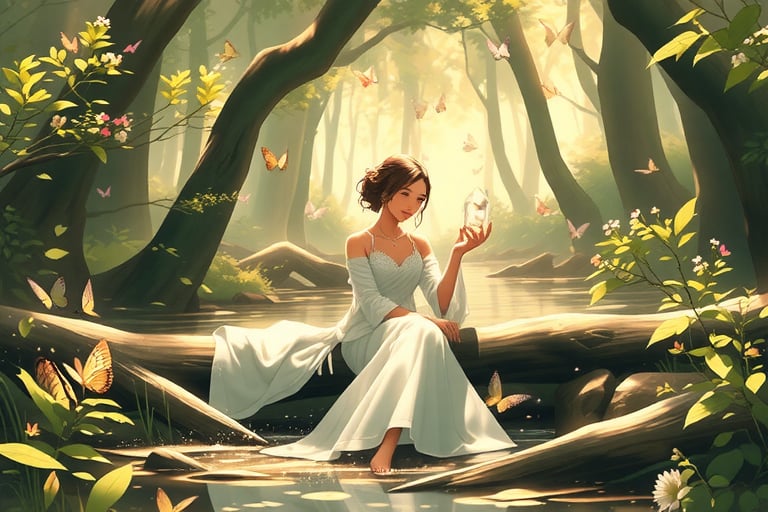 Amidst the clear stream in the lush woods,  A maiden sits gracefully,  adorned in elegant attire. Her silken fabric draped...