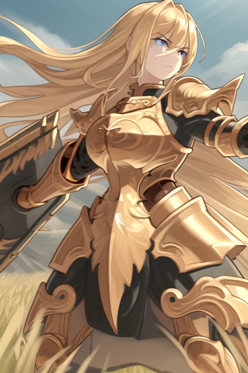 A fierce female warrior with flowing blonde hair, her face filled with determination and intensity. She raises her golden sword, pointing it forward, as if commanding her troops or challenging the enemy. Her intricately detailed golden armor and shield gleam in the bright sunlight, with complex and ornate designs that catch the light. The wind gently sweeps through the vast grassy field, causing the tall grass to sway. In the distance, a massive castle stands as a silent witness to the battle that is about to unfold. The sky is clear and blue, adding a sense of calm before the impending storm of war, while her focused eyes blaze with courage and a readiness for the fight.