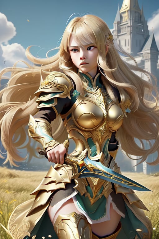 A fierce female warrior with flowing blonde hair, her face filled with determination and intensity. She raises her golden sword, pointing it forward, as if commanding her troops or challenging the enemy. Her intricately detailed golden armor and shield gleam in the bright sunlight, with complex and ornate designs that catch the light. The wind gently sweeps through the vast grassy field, causing the tall grass to sway. In the distance, a massive castle stands as a silent witness to the battle that is about to unfold. The sky is clear and blue, adding a sense of calm before the impending storm of war, while her focused eyes blaze with courage and a readiness for the fight.