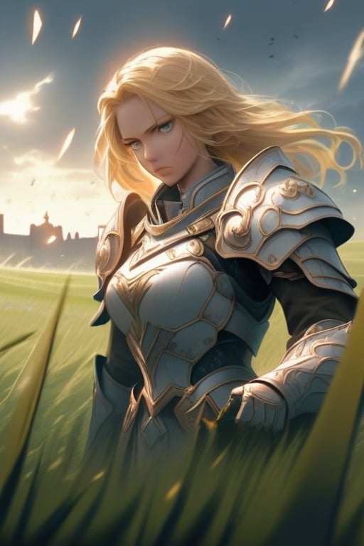 A fierce female warrior with flowing blonde hair, her face filled with determination and intensity. She raises her golden sword, pointing it forward, as if commanding her troops or challenging the enemy. Her intricately detailed golden armor and shield gleam in the bright sunlight, with complex and ornate designs that catch the light. The wind gently sweeps through the vast grassy field, causing the tall grass to sway. In the distance, a massive castle stands as a silent witness to the battle that is about to unfold. The sky is clear and blue, adding a sense of calm before the impending storm of war, while her focused eyes blaze with courage and a readiness for the fight.