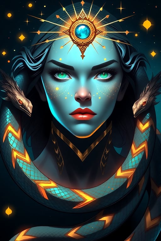 A highly detailed and vibrant fantasy portrait of a mystical woman with pale bluish-gray skin,  glowing green eyes,  and g...