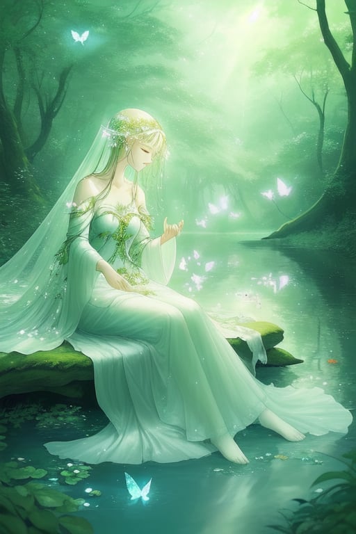 Amidst the clear stream in the lush woods,  A maiden sits gracefully,  adorned in elegant attire. Her silken fabric draped...