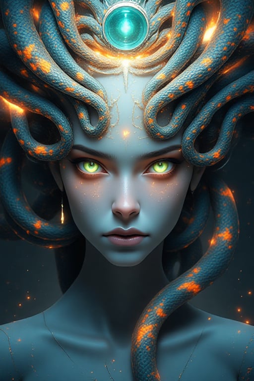 A highly detailed and vibrant fantasy portrait of a mystical woman with pale bluish-gray skin,  glowing green eyes,  and g...