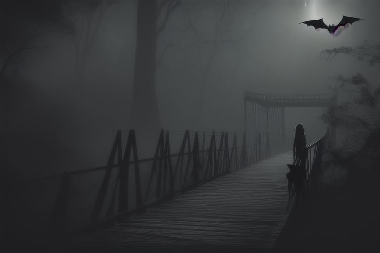 Beneath a starless sky, a haunting scene unfolds on a decrepit wooden bridge stretching over dark waters, faintly illuminated by distant stars. A woman in a tattered white dress stands eerily still on the bridge, her pale green skin marred by dark, ominous stains. Her twisted grin reveals long claw-like fingers raised high, creating a foreboding presence.

Beside her prowls a large black dog with glowing red eyes, its coarse fur bristling in the wind. The dog’s sharp teeth glint menacingly, and a low growl rumbles from its throat, amplifying the unease that envelops the scene. Surrounding them, a dense banana grove rustles softly, as if alive with whispers, enhancing the feeling of being watched from the shadows.

Above, bats dart through the smoky air, their silhouettes flickering against the starry backdrop. Wisps of mist swirl over the bridge, blurring the lines of reality and creating a surreal ambiance. The creaking wood of the bridge underfoot adds to the unsettling atmosphere, each sound echoing in the oppressive silence of the night.

Together, the woman and the dog stand as a terrifying pair, evoking an overwhelming sense of dread in the stillness. The entire scene is drenched in fear, a perfect harmony of horror that leaves an indelible mark on the imagination.