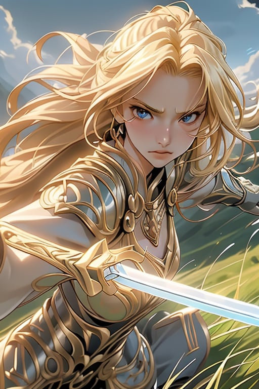 A fierce female warrior with flowing blonde hair, her face filled with determination and intensity. She raises her golden sword, pointing it forward, as if commanding her troops or challenging the enemy. Her intricately detailed golden armor and shield gleam in the bright sunlight, with complex and ornate designs that catch the light. The wind gently sweeps through the vast grassy field, causing the tall grass to sway. In the distance, a massive castle stands as a silent witness to the battle that is about to unfold. The sky is clear and blue, adding a sense of calm before the impending storm of war, while her focused eyes blaze with courage and a readiness for the fight.