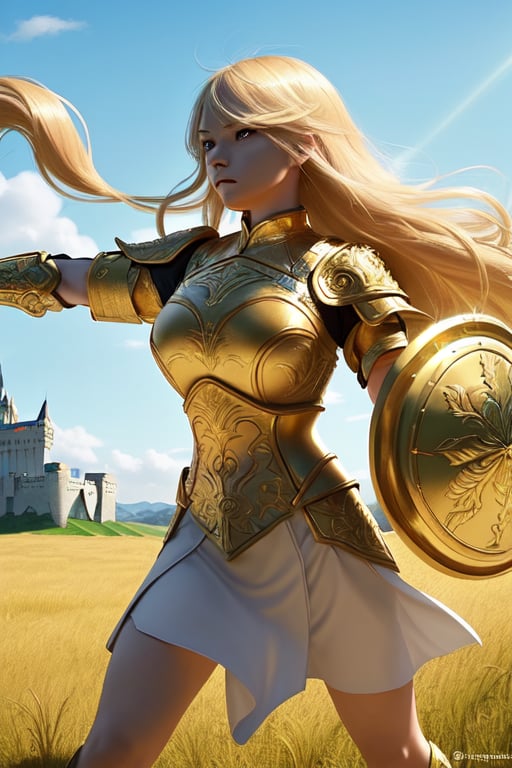 A fierce female warrior with flowing blonde hair, her face filled with determination and intensity. She raises her golden sword, pointing it forward, as if commanding her troops or challenging the enemy. Her intricately detailed golden armor and shield gleam in the bright sunlight, with complex and ornate designs that catch the light. The wind gently sweeps through the vast grassy field, causing the tall grass to sway. In the distance, a massive castle stands as a silent witness to the battle that is about to unfold. The sky is clear and blue, adding a sense of calm before the impending storm of war, while her focused eyes blaze with courage and a readiness for the fight.